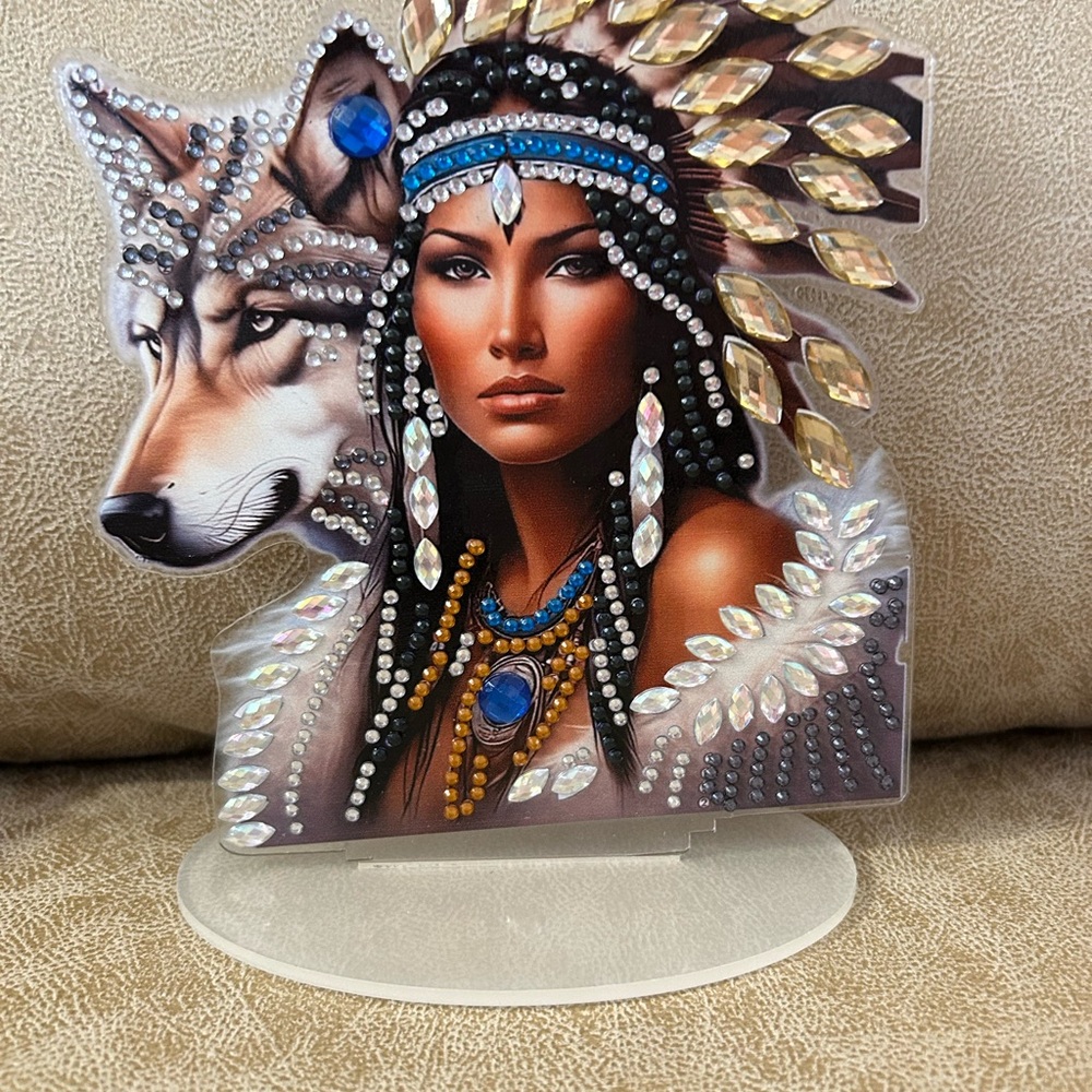 Decorative Wolf and Woman Figurine with Gem Accents.  Native